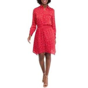 NWT $129 Vince Camuto Womens Red Floral Print LS Elastic Waist Shirt Dress SZ S